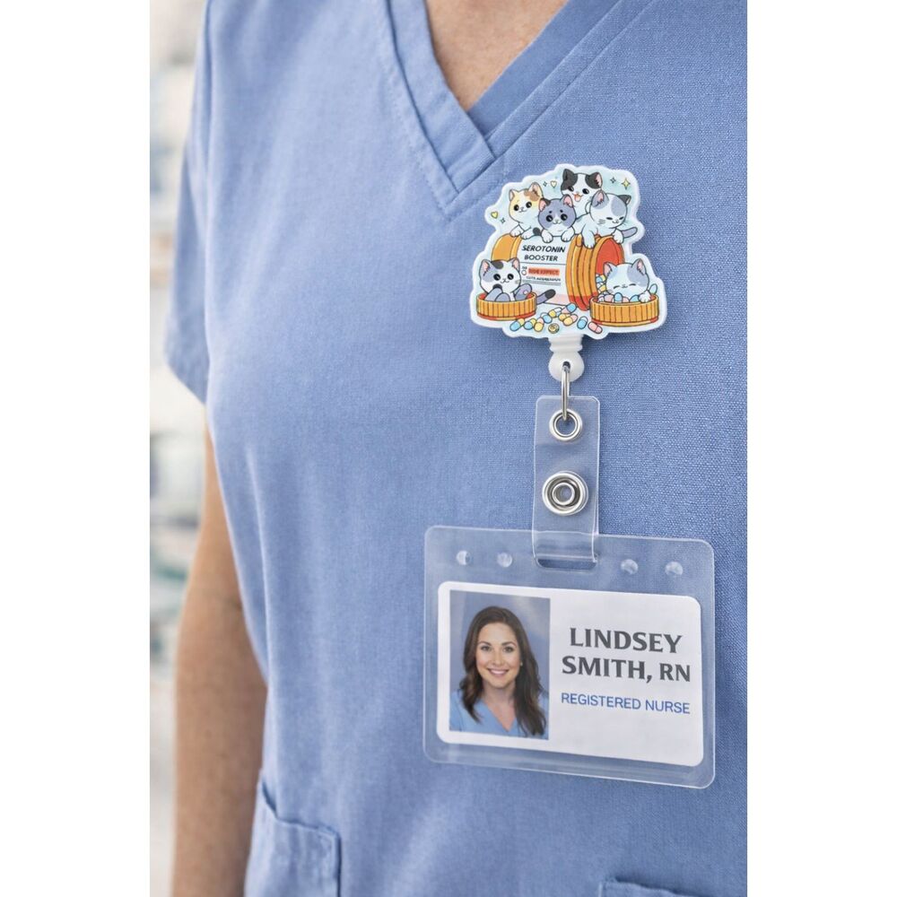 Cute Cat Serotonin Booster Badge Reel Nurse ID Holder Funny Mental Health Tag - Picture 3 of 3